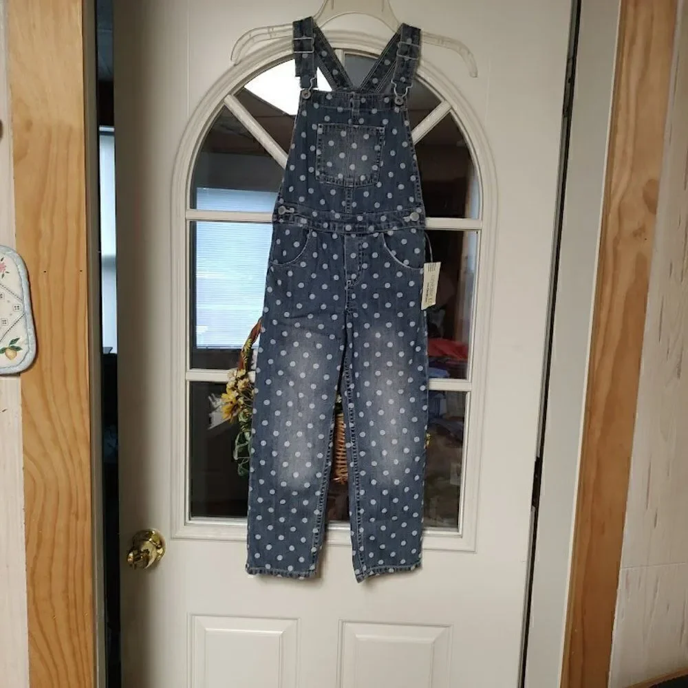 New Osh Kosh Blue Denim White Polka Dot Bib Overalls Girl's 5T